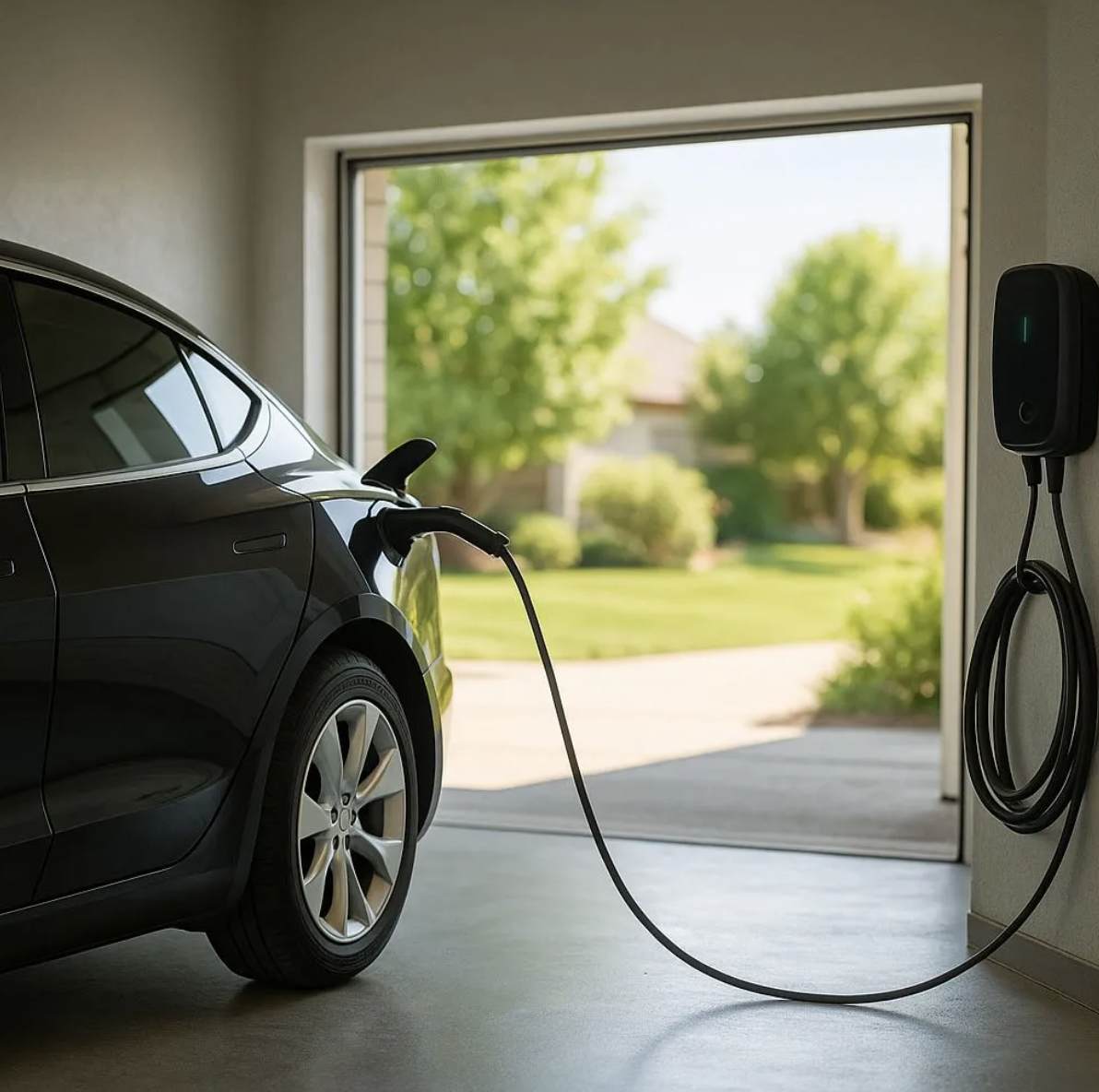 Electric car in a home garage charging on a wall-mounted EV charger, with cable connected and view of trees and sunlight outside.