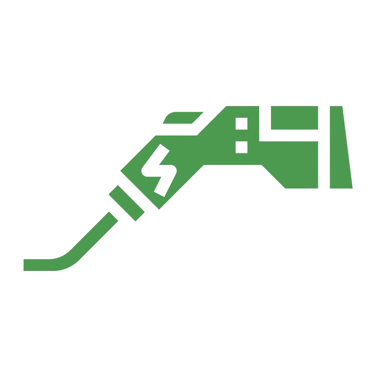 Green electric car charger cable icon with lightning bolt, symbolizing EV charging equipment and sustainable energy solutions.
